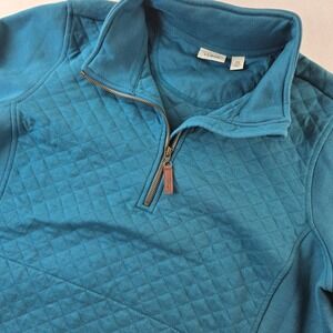 LL Bean Womens 1X Plus Teal Blue Quilted Quarter Zip Pullover Sweatshirt